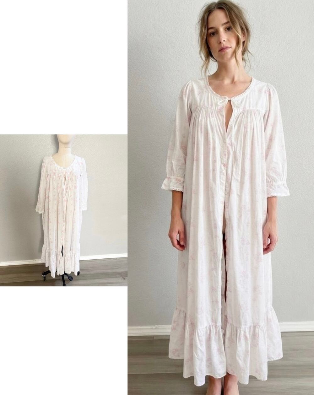 Vintage Eileen West 1989 Cotton Nightgown Robe Pink Floral Lace Cottagecore M/L